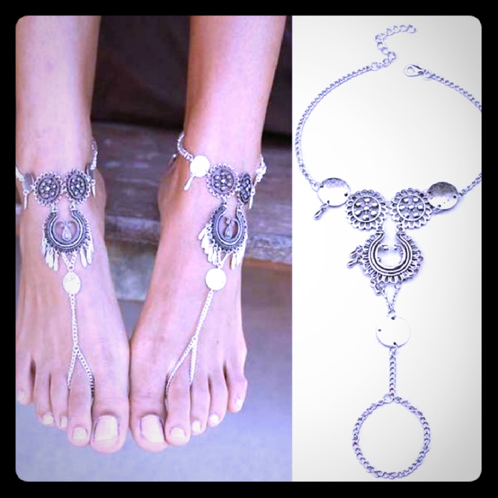 Antique Silver bracelet sandals foot jewelry/pair